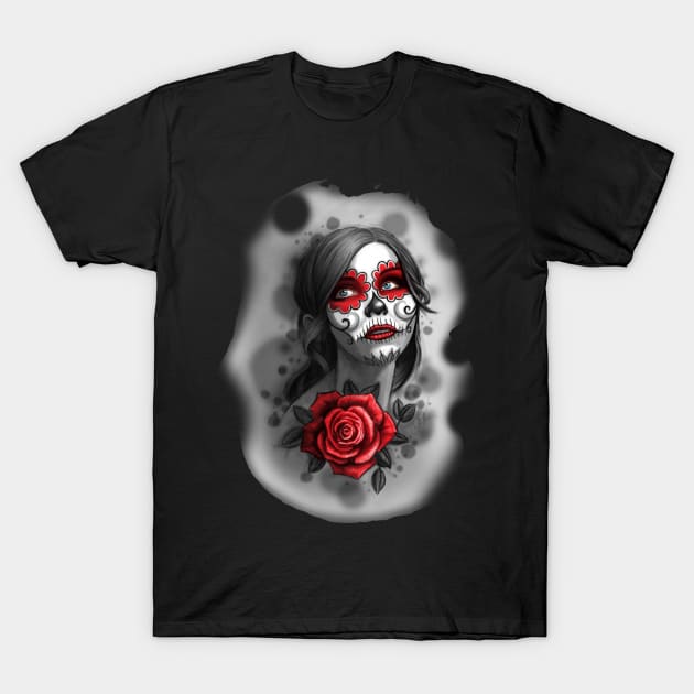 Day of the Dead Girl Red Makeup and Rose Pencil Sketch T-Shirt by ckandrus